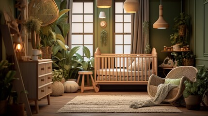 An earth-toned nursery decorated with muted greens and tans, natural wood cribs, and soft textiles, creating a soothing environment for infants.