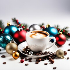 Coffee cup with Christmas ornaments and decoration on white background