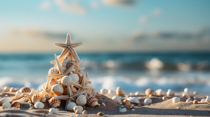 Small seashell christmas tree on the beach 