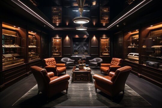 An elegant cigar lounge featuring leather armchairs, a well-stocked humidor, and ambient lighting for a relaxing atmosphere.