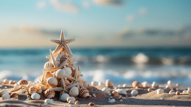 Small seashell christmas tree on the beach 