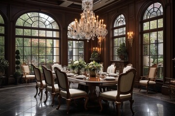 Fototapeta na wymiar An elegant formal dining room featuring a grand chandelier, upholstered dining chairs, and a polished mahogany table for exquisite dining experiences.