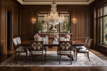 Fototapeta na wymiar An elegant formal dining room featuring a grand chandelier, upholstered dining chairs, and a polished mahogany table for exquisite dining experiences.