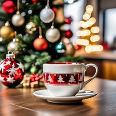 Obraz na płótnie Canvas Coffee cup with Christmas ornaments and decoration on wooden background