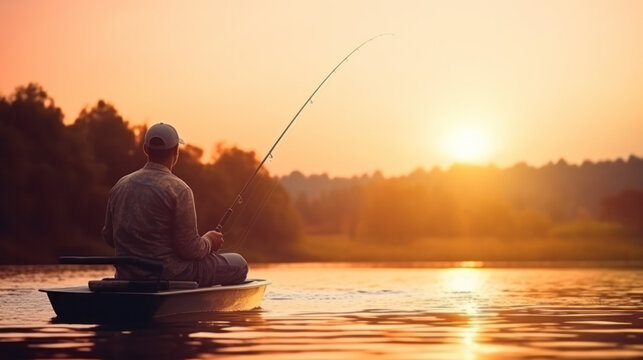 Young man fishing on a lake from the boat at sunset