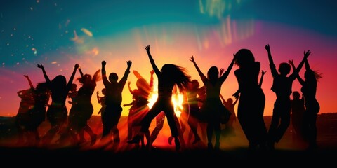Sunset Revelry: Happy Silhouettes Dancing and Celebrating