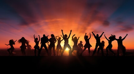 Fototapeta na wymiar Dancing in Sunshine: Silhouetted Figures in Vibrant Celebration dancing and jumping in sunset