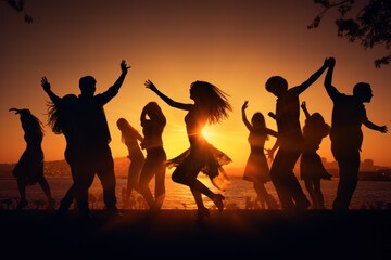 Dancing in Sunshine: Silhouetted Figures in Vibrant Celebration dancing and jumping in sunset