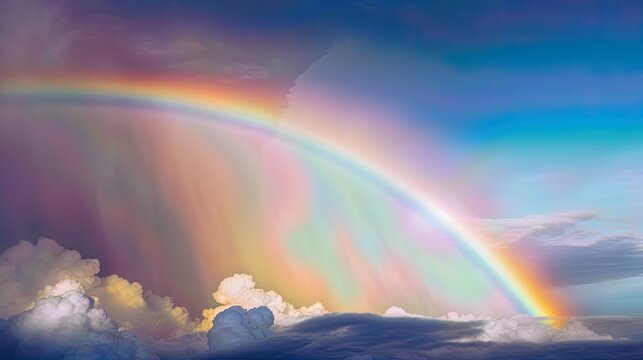 A mesmerizing sight of a rainbow arcing over a bed of clouds in the sky