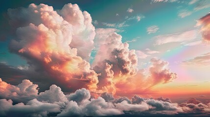 A dreamy view of a pastel-colored sky with fluffy clouds, creating a whimsical atmosphere - obrazy, fototapety, plakaty