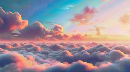A dreamy view of a pastel-colored sky with fluffy clouds, creating a whimsical atmosphere - obrazy, fototapety, plakaty