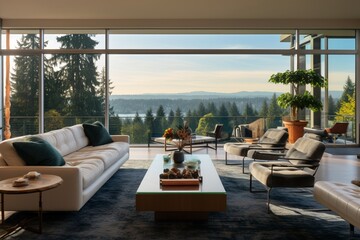 An elegant living space adorned with statement furniture, exquisite art pieces, and a breathtaking view of Bellevue's natural surroundings through expansive windows.