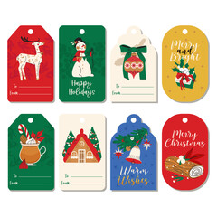 Fototapeta premium Set of Christmas and New Year's gift tags with Snowman, Deer, Star, Fir Branch, Cup Latte, Bell, Holly and Christmas Tree Toy in Red, Green, Yellow and Beige. Perfect for holiday greetings, presents.