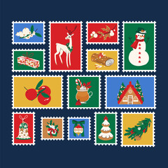 Christmas cute stamp with holiday symbols and elements of decoration. Winter festive vector illustration for card, banner, cover