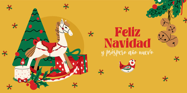 Feliz Navidad vector modern lettering for Spanish Merry Christmas holiday banner or card. Horse toy, fir tree, bell, candle and gift box on yellow background. Flat style illustration headers, website,