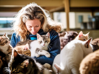 Volunteers feed, bathe and care for the animals at the shelter. - obrazy, fototapety, plakaty