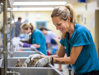 Volunteers at the animal shelter provide care and assistance. - obrazy, fototapety, plakaty