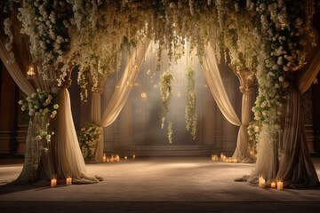 An ethereal stage decorated with soft drapes, floating floral arrangements, and subtle candlelight, casting a magical aura. - obrazy, fototapety, plakaty