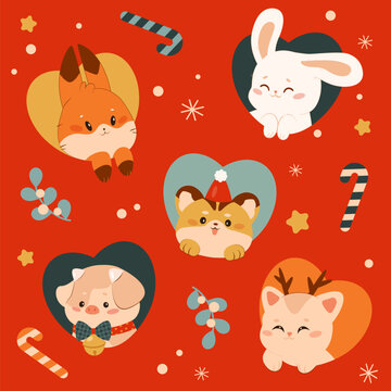 Cute, cozy, funny pet characters with hearts and Christmas elements in the Kawaii style. Rabbit, pig, fox, kitten, tiger cub. Vector pattern