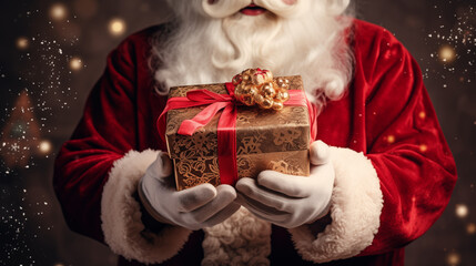Santa Claus holds a gift in his hands. Close-up Santa's hands holding a gift