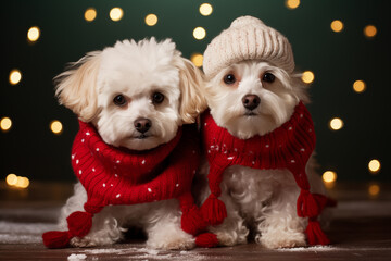 Adorable Maltese Dogs Wearing Red Scarves in a Studio Shot with a Green Background, Bokeh Lights, and Christmas Cheer