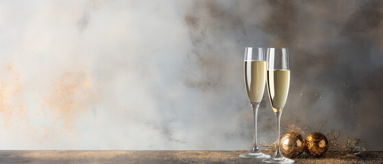 A glass of champagne on a silver background with highlights for christmas and new year