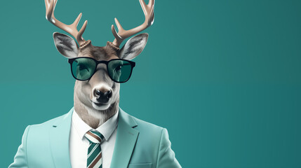 Modern Xmas Deer with hipster sunglasses and business suit like a Boss. Creative animal concept banner. Trendy Pastel teal green background - obrazy, fototapety, plakaty