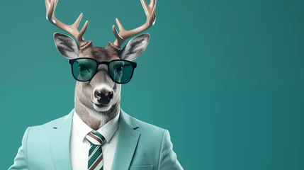 Deurstickers Modern Xmas Deer with hipster sunglasses and business suit like a Boss. Creative animal concept banner. Trendy Pastel teal green background © Charlotte