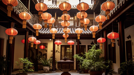 Chinese Lanterns decorate a traditional Chinese courtyard, combining modern celebration with historical charm.