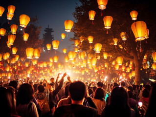 Fototapeta na wymiar A vibrant scene of the lantern festival in China, capturing the grand moment when the lanterns are first illuminated.