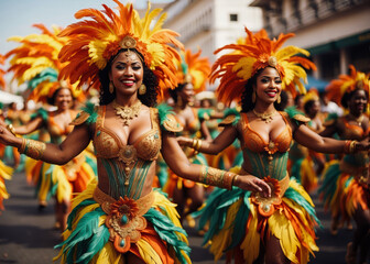 A samba dancers with sparkling sequin outfits and feathered headdresses, dancing in the streets of...