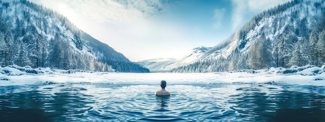 man in the icy water of a winter frozen lake in mountain nature strengthens her immunity by hardening herself, banner - obrazy, fototapety, plakaty