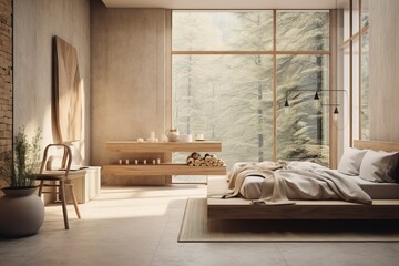 Stylish interior in the bedroom room using natural materials, minimalistic design style panoramic window