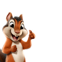 Fototapeta premium Cute funny squirrel, smiling, showing approving thumbs up to appreciate good work or product. Wide banner with copy space side isolated on transparent background Generative AI