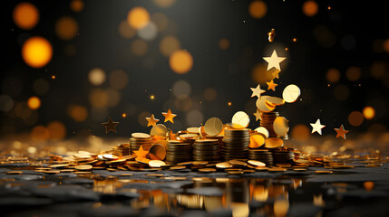 Falling 3D Coins and Stars with Yellow Lines as a Background Banner - obrazy, fototapety, plakaty