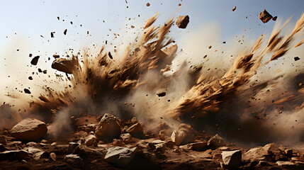 flying debris with dust, rocks and explosives - obrazy, fototapety, plakaty