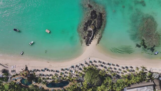 Top Down View Of Paradise Beach With Umbrellas, Aerial View