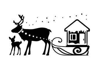 Christmas reindeer dad with his baby. Cute design for postcard