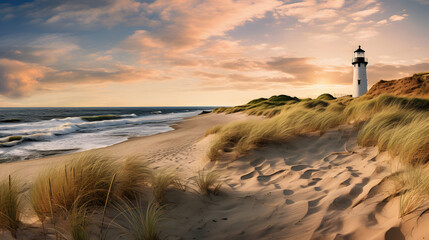 sand dune beach with ocean, grass and lighthouse at sunset - obrazy, fototapety, plakaty
