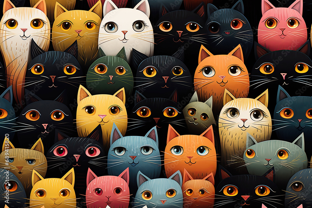 Wall mural seamless pattern with multicolored cat heads on black background