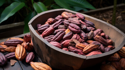 cocoa seed or cacao beans and green leaf or leaves in wood scoop and plate in wooden table background