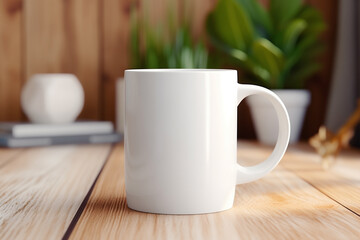 White mug on wooden table in workplace, Mockup for design.