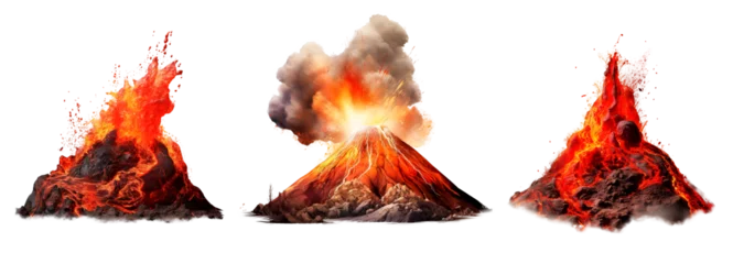 Foto op Canvas Set of different volcanos with eruption, spitting lava on the air. Isolated transparent background © Pajaros Volando