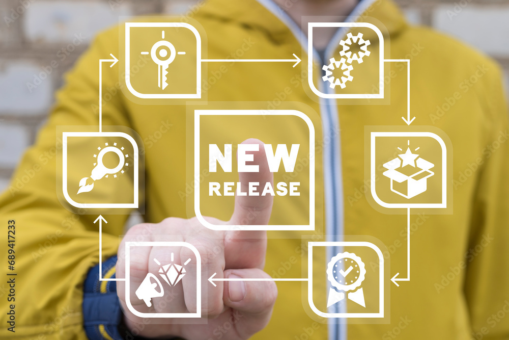 Poster man using virtual touch screen presses inscription: new release. new release concept. new product de