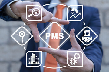 Businessman using virtual interface sees abbreviation: PMS. Property Management System ( PMS ) concept related to apartment, hotel and hospitality management software.