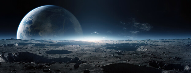 Earth seeing from lunar landscape. Misty, magic outer space concept