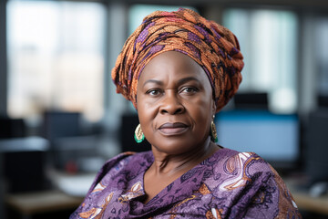 Photograph, portrait of an African businesswoman in her 60s with a colorful traditional shawl on her head, in front of her desk, office background --ar 3:2