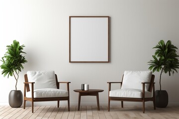 Contemporary elegance radiates from a living space with an empty frame mockup, two wooden chairs, and a textured white wall.
