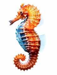A vibrant orange seahorse with white spots and blue fins isolated on a white background.