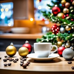 Coffee cup with Christmas ornaments and decoration on wooden background